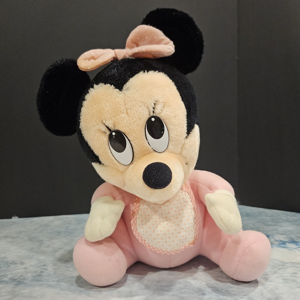 Disney Vintage Baby Minnie Mouse Plush 12" Pink Polka Dot Bow Stuffed Animal Toy